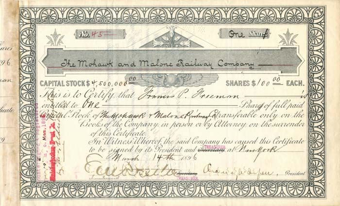 Mohawk and Malone Railway Company signed by Chauncey M. Depew & E.V.W. Rossiter